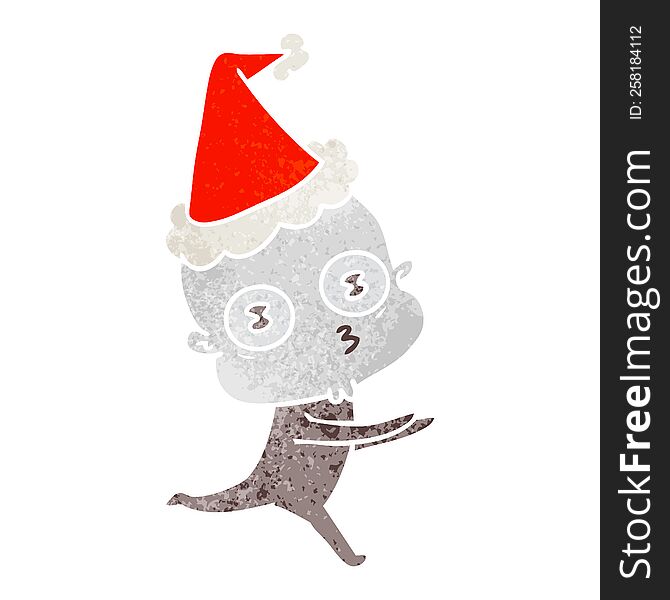 Retro Cartoon Of A Weird Bald Spaceman Running Wearing Santa Hat