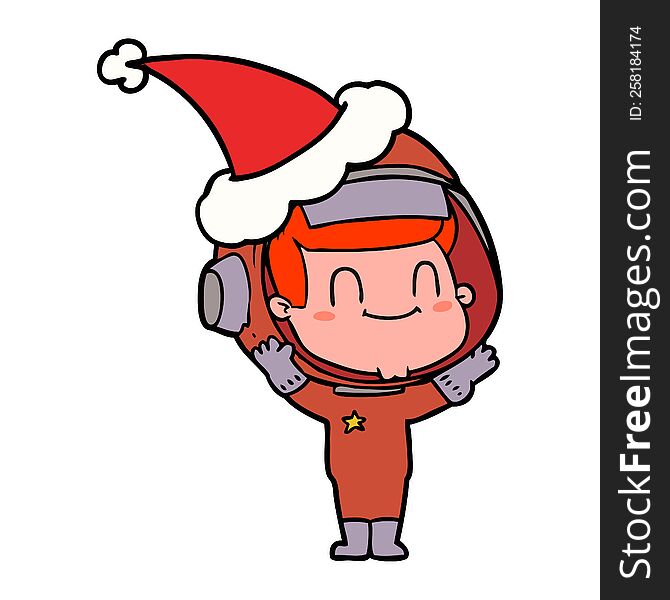 happy hand drawn line drawing of a astronaut man wearing santa hat. happy hand drawn line drawing of a astronaut man wearing santa hat