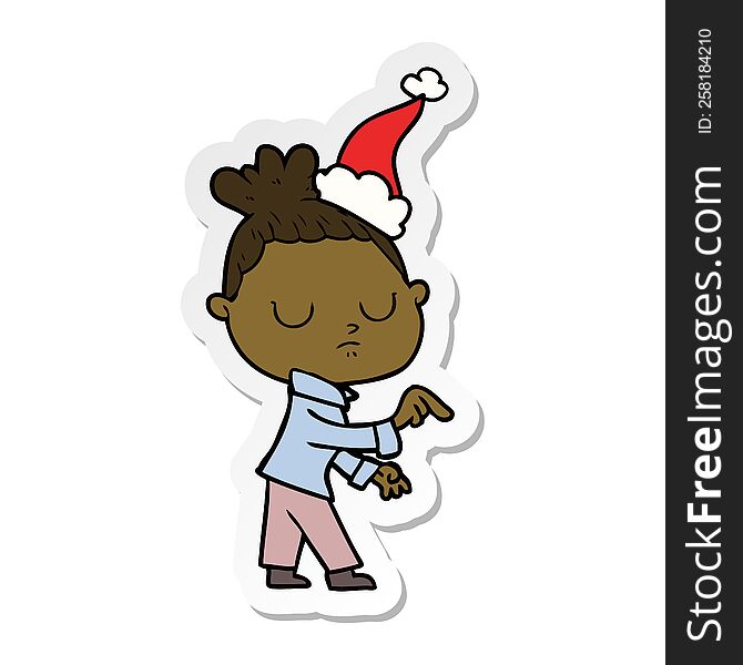 sticker cartoon of a calm woman wearing santa hat