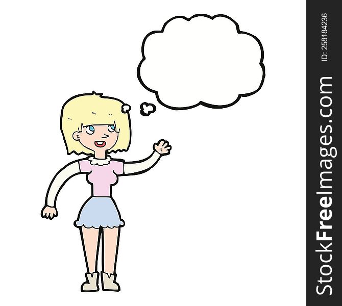 Cartoon Girl Waving With Thought Bubble