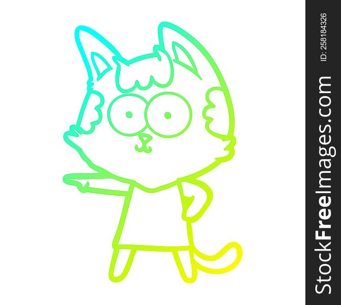 Cold Gradient Line Drawing Happy Cartoon Cat In Dress Pointing