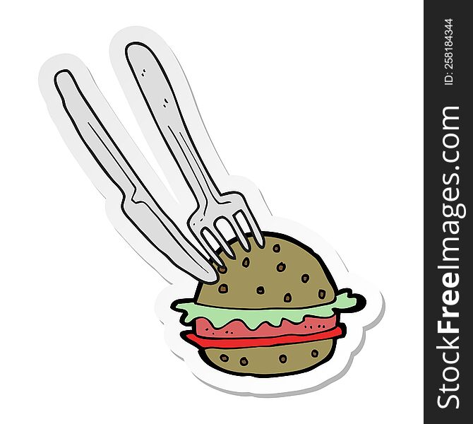 sticker of a cartoon knife and fork in burger