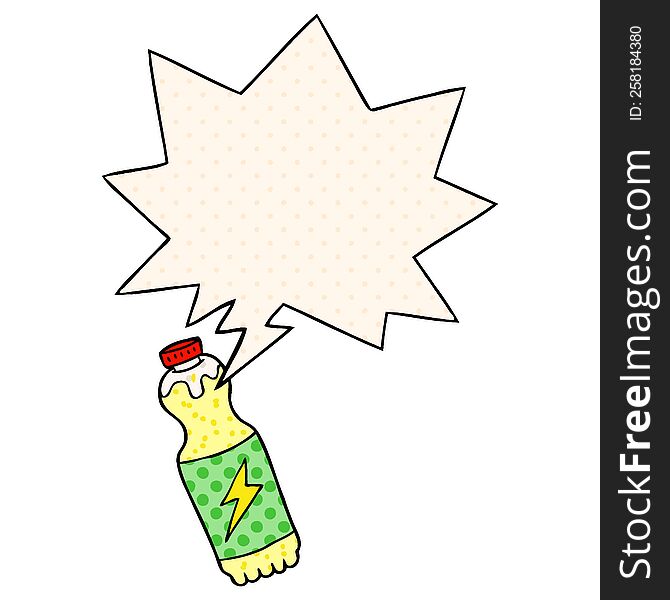 cartoon soda bottle with speech bubble in comic book style