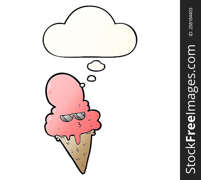 Cartoon Cool Ice Cream And Thought Bubble In Smooth Gradient Style