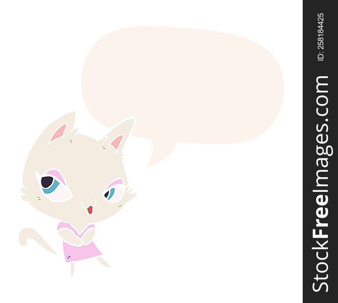 Cute Cartoon Female Cat And Speech Bubble In Retro Style