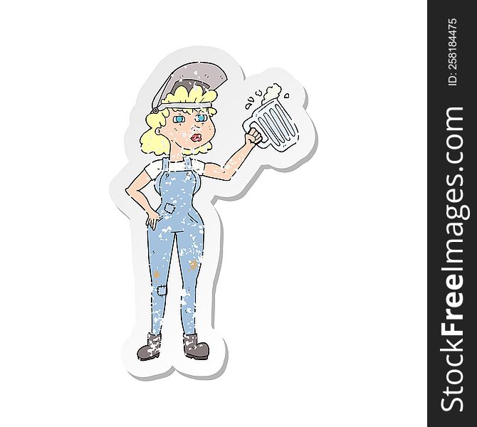 retro distressed sticker of a cartoon hard working woman with beer