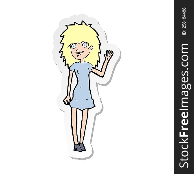 Sticker Of A Cartoon Happy Woman Waving