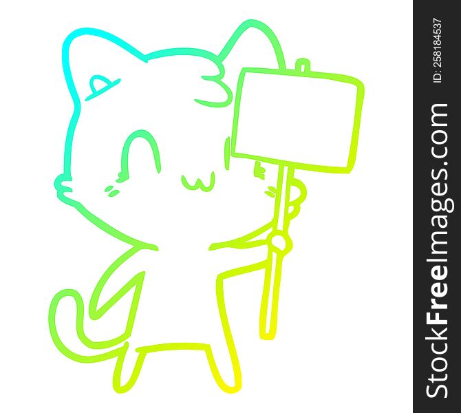 Cold Gradient Line Drawing Cartoon Happy Cat With Blank Sign