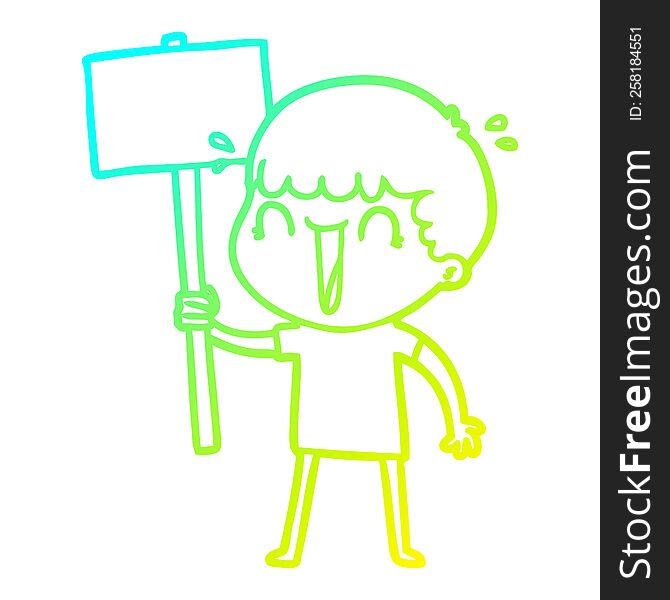 cold gradient line drawing of a laughing cartoon man waving placard