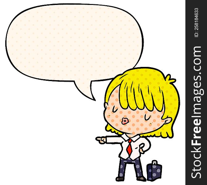 cartoon efficient businesswoman giving orders with speech bubble in comic book style