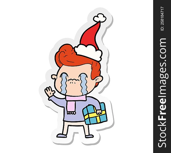 Sticker Cartoon Of A Man Crying Wearing Santa Hat