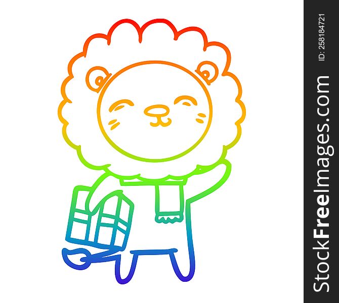 Rainbow Gradient Line Drawing Cartoon Lion With Christmas Present