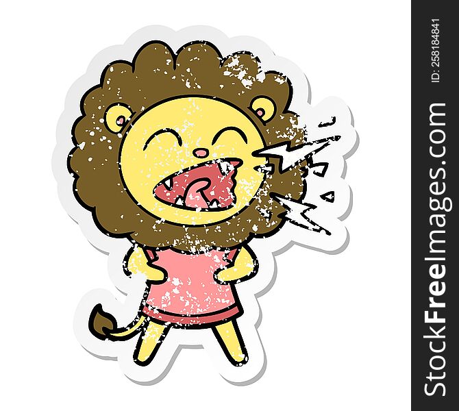 Distressed Sticker Of A Cartoon Roaring Lion In Dress