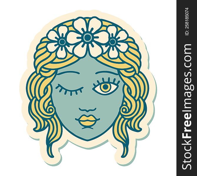 Tattoo Style Sticker Of A Maidens Face Winking