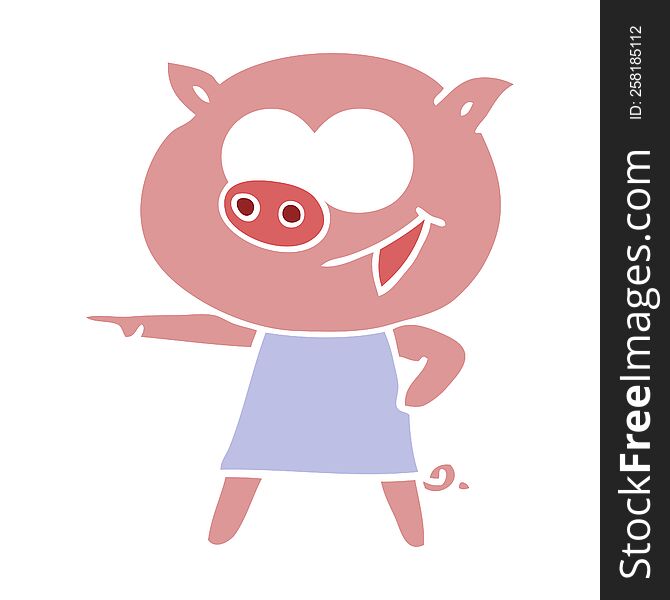 Cheerful Pig In Dress Pointing Flat Color Style Cartoon