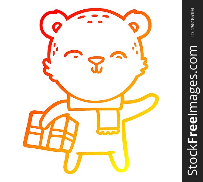 Warm Gradient Line Drawing Happy Cartoon Bear With Present