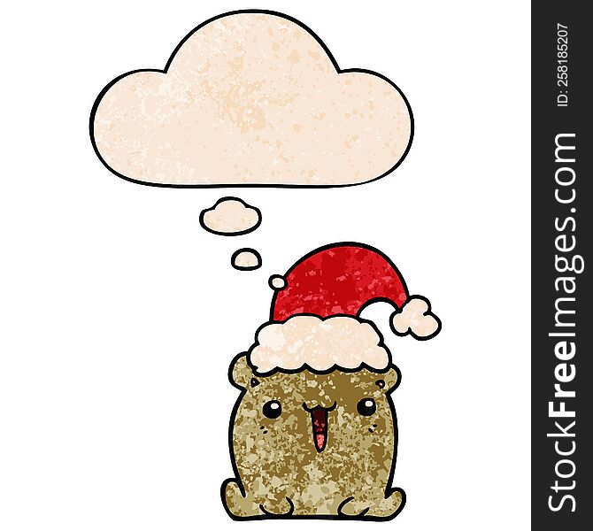 Cute Cartoon Bear With Christmas Hat And Thought Bubble In Grunge Texture Pattern Style