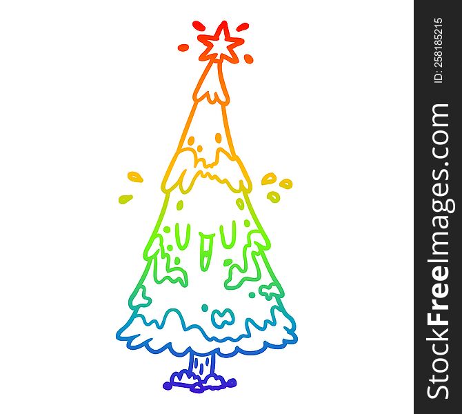 rainbow gradient line drawing of a snowy christmas tree with happy face