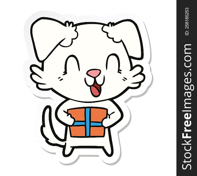 Sticker Of A Laughing Cartoon Dog With Christmas Present