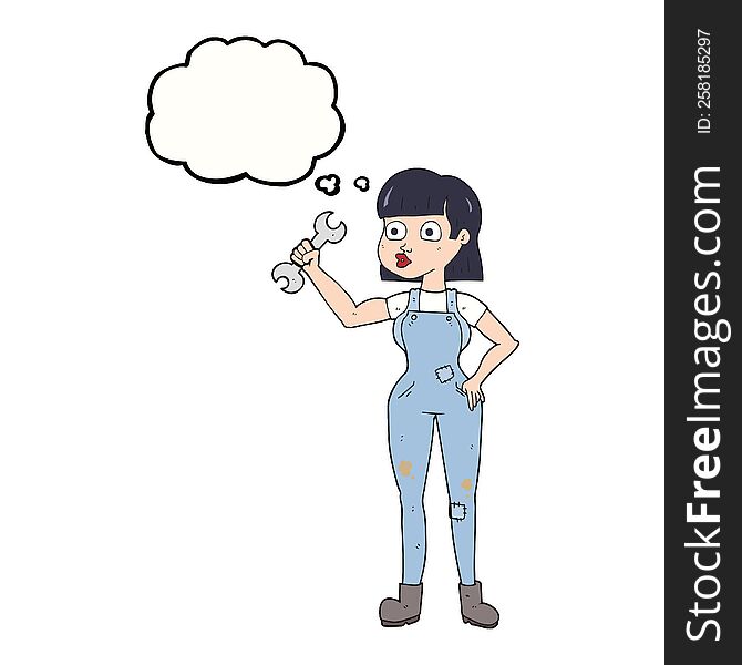 freehand drawn thought bubble cartoon mechanic woman
