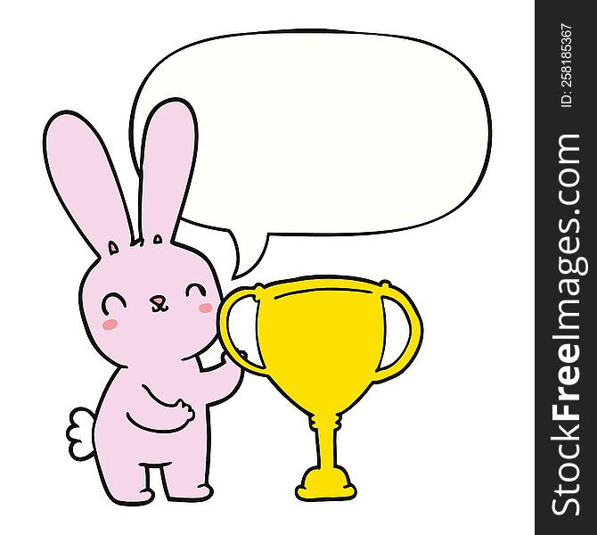 Cute Cartoon Rabbit And Sports Trophy Cup And Speech Bubble