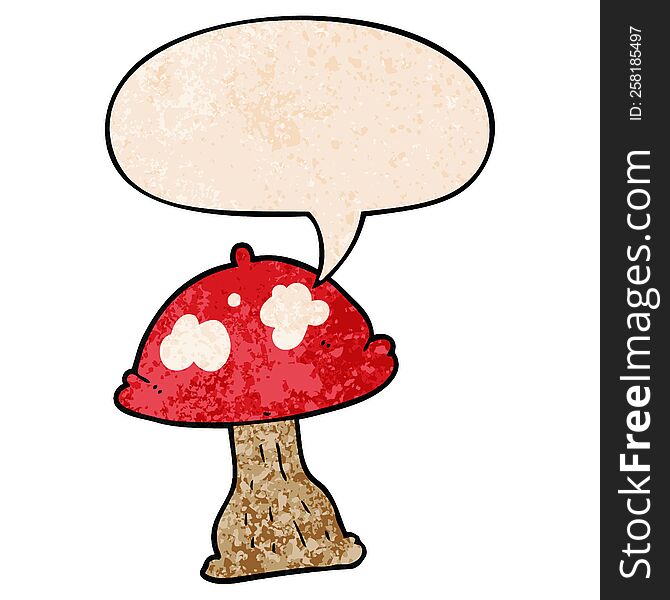 cartoon mushroom with speech bubble in retro texture style