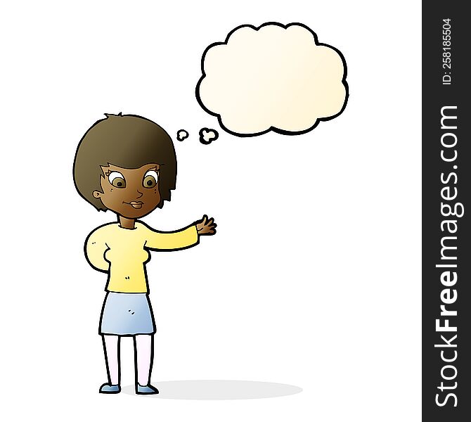 cartoon welcoming woman with thought bubble