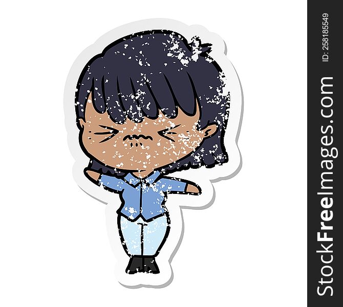 Distressed Sticker Of A Annoyed Cartoon Girl