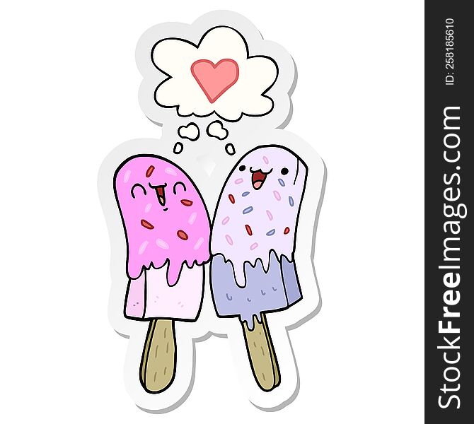 cartoon ice lolly in love with thought bubble as a printed sticker