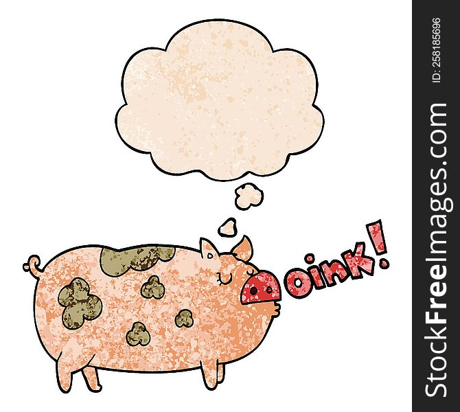 Cartoon Oinking Pig And Thought Bubble In Grunge Texture Pattern Style