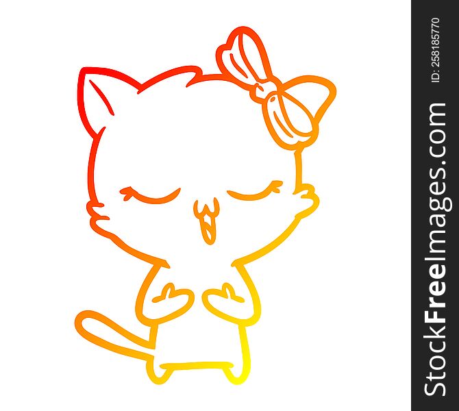 Warm Gradient Line Drawing Cartoon Cat With Bow On Head