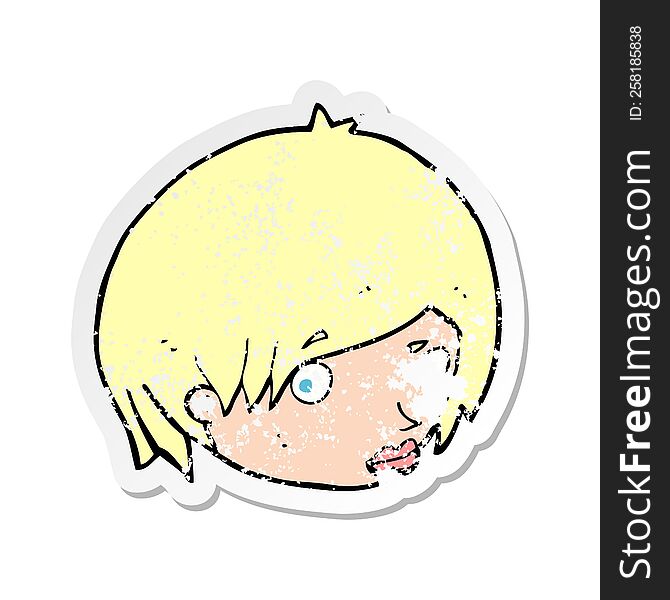 retro distressed sticker of a cartoon female face with raised eyebrow
