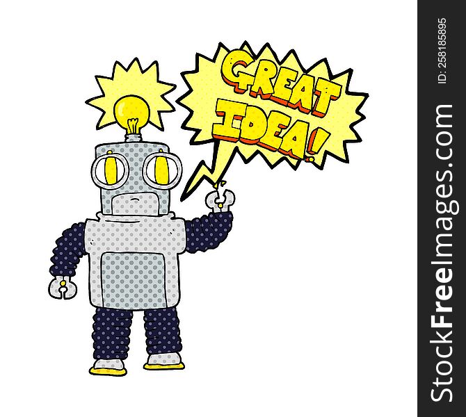 Comic Book Speech Bubble Cartoon Robot With Great Idea