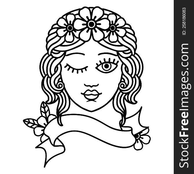 traditional black linework tattoo with banner of a maidens face winking
