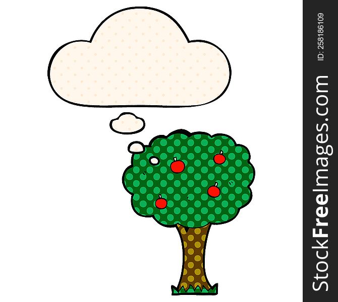 cartoon apple tree with thought bubble in comic book style