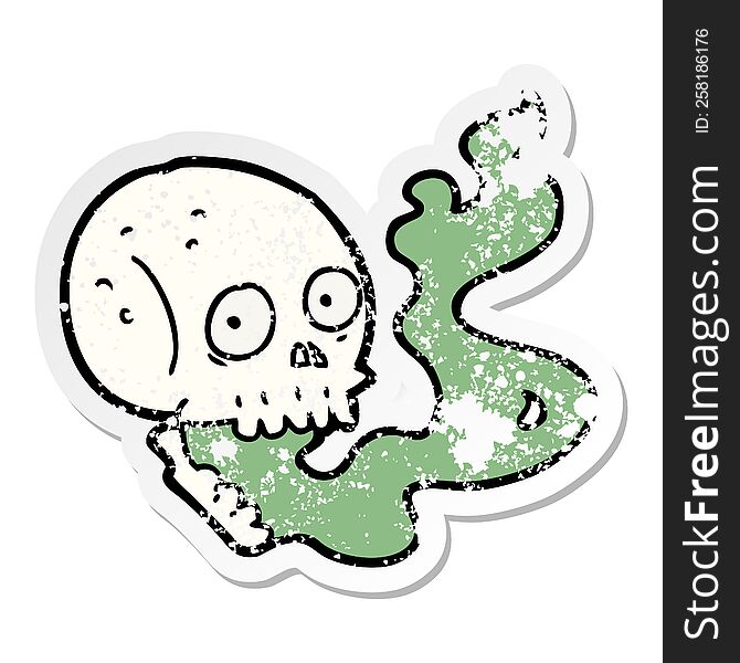 distressed sticker of a cartoon haunted skull