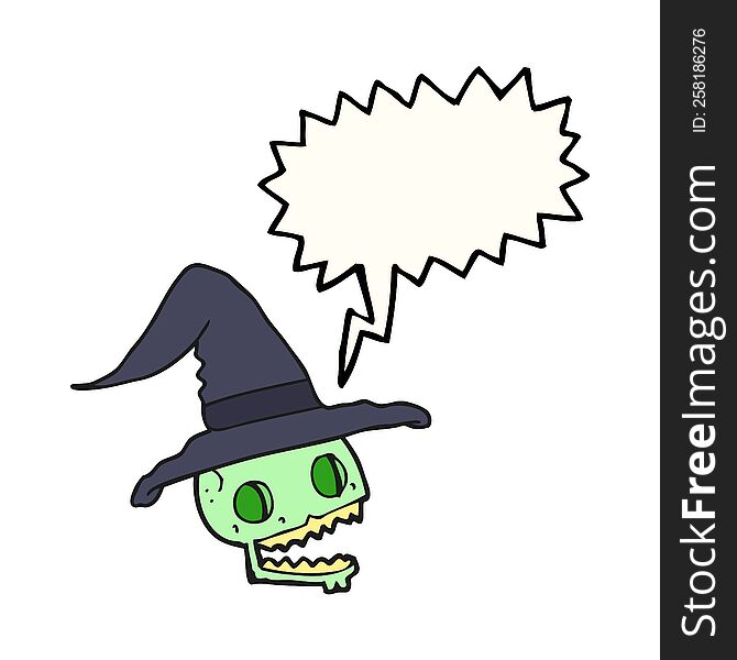 freehand drawn speech bubble cartoon skulll wearing witch hat. freehand drawn speech bubble cartoon skulll wearing witch hat