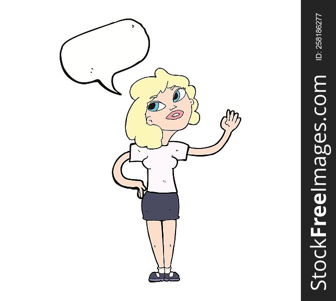 cartoon woman waving  with speech bubble