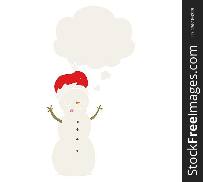 Cartoon Christmas Snowman And Thought Bubble In Retro Style