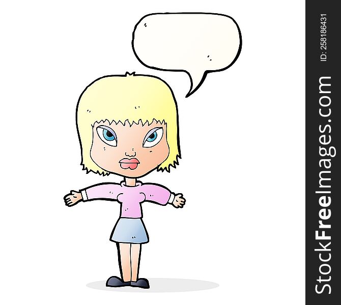 cartoon woman with outstretched arms with speech bubble