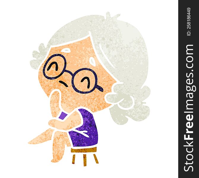 retro cartoon illustration of a cute kawaii lady thinking. retro cartoon illustration of a cute kawaii lady thinking