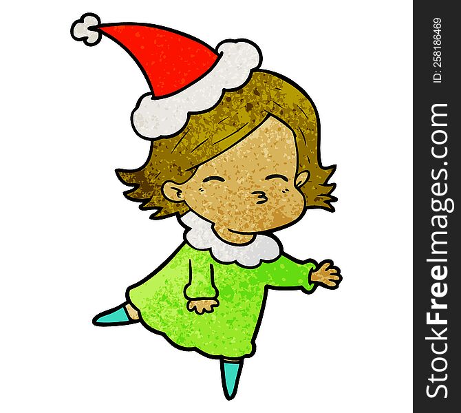 hand drawn textured cartoon of a woman wearing santa hat