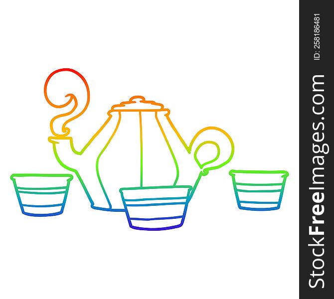 rainbow gradient line drawing of a cartoon teapot and cups