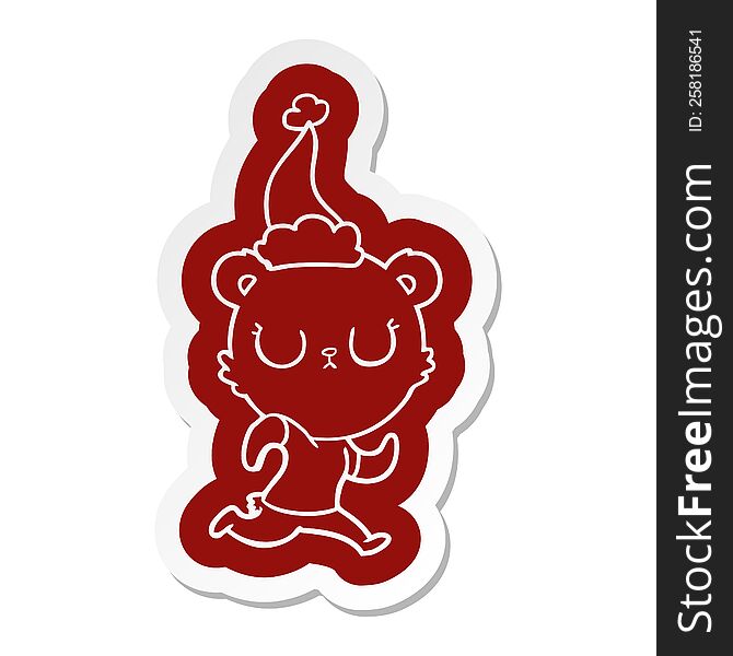 peaceful cartoon  sticker of a bear running wearing santa hat