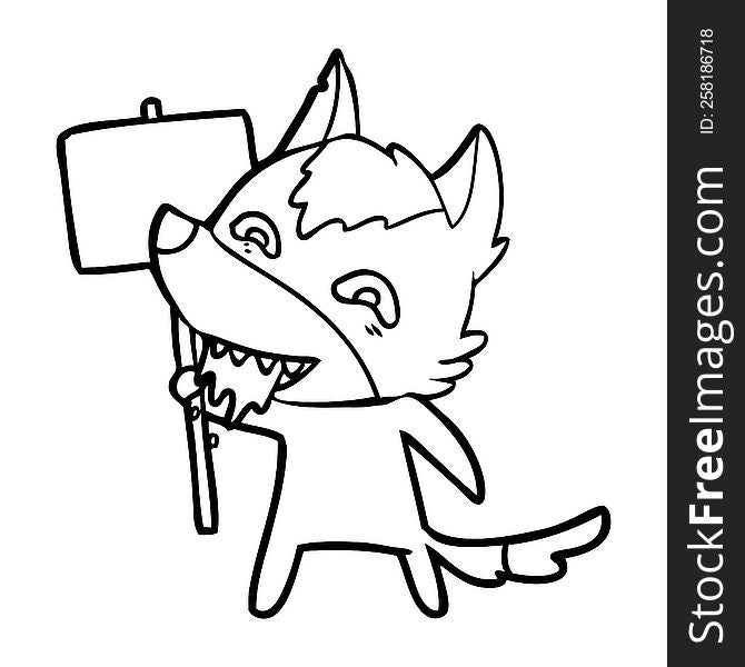 cartoon hungry wolf with sign post. cartoon hungry wolf with sign post
