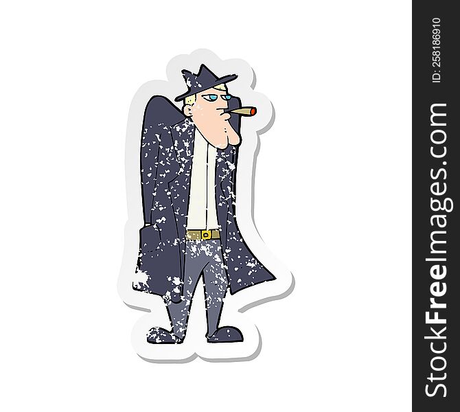 retro distressed sticker of a cartoon man in hat and trench coat