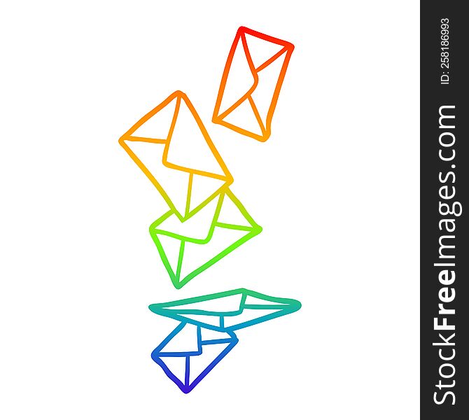 rainbow gradient line drawing of a envelopes falling