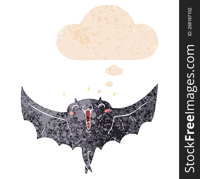 Cartoon Happy Vampire Bat And Thought Bubble In Retro Textured Style