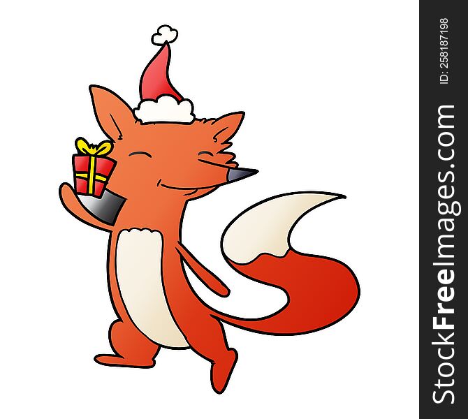 hand drawn gradient cartoon of a happy fox wearing santa hat