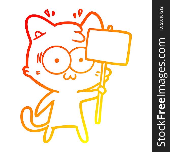 Warm Gradient Line Drawing Cartoon Surprised Cat Waving Sign